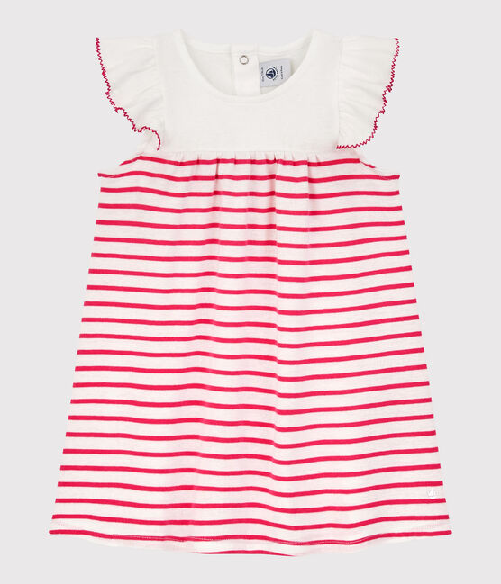 Baby Girls' Short-Sleeved Stripy Ribbed Dress MARSHMALLOW white/GEISHA pink