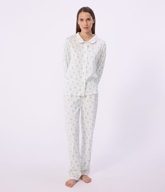 Women's buttoned printed cotton pyjamas MARSHMALLOW white/MULTICO white