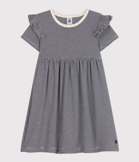 Girls' Stripy Short-Sleeved Cotton Dress SMOKING blue/MARSHMALLOW white