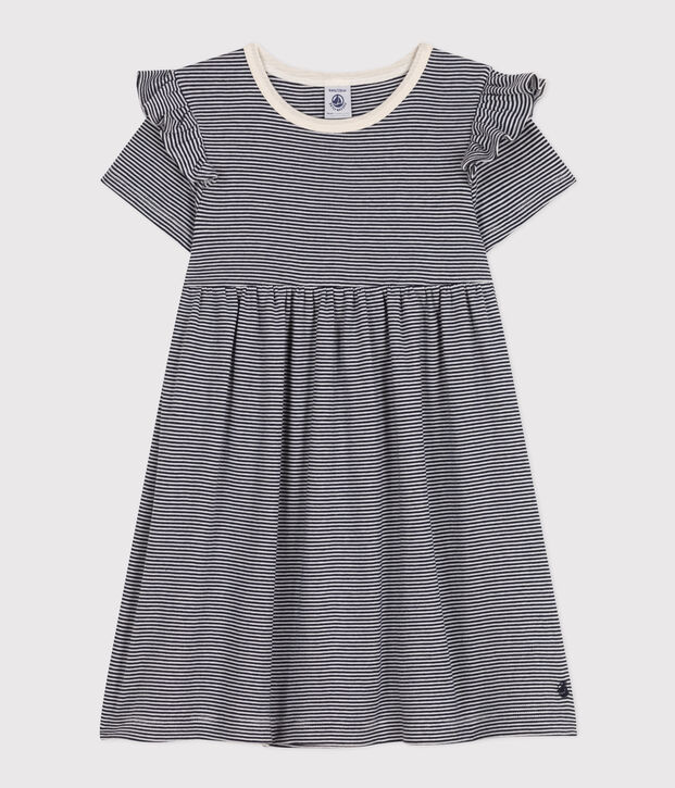 Girls' Stripy Short-Sleeved Cotton Dress blue/white