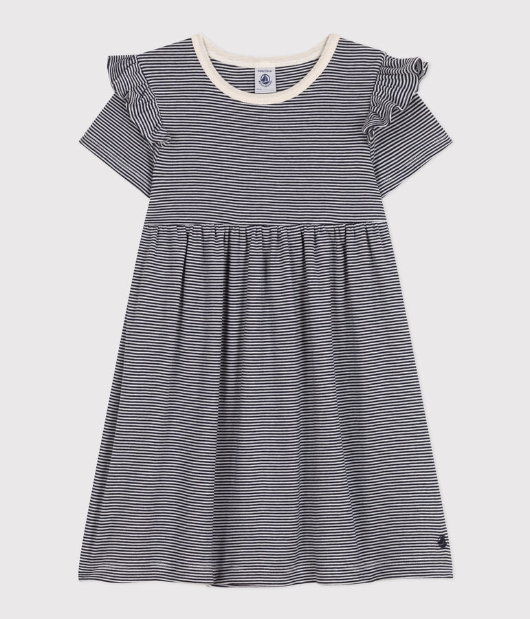 Girls' Stripy Short-Sleeved Cotton Dress blue/white