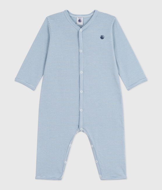 Babies' footless stripy cotton pyjama suit ADRIATIC /MARSHMALLOW