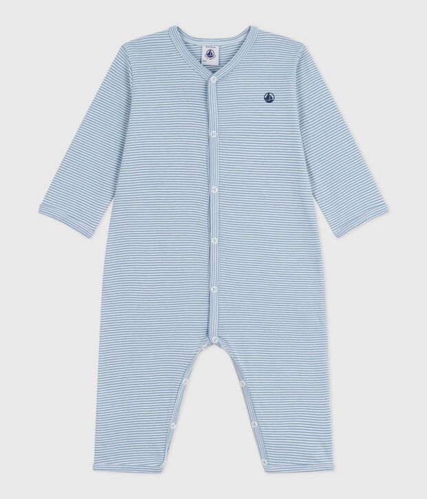 Babies' footless stripy cotton pyjama suit blue/white