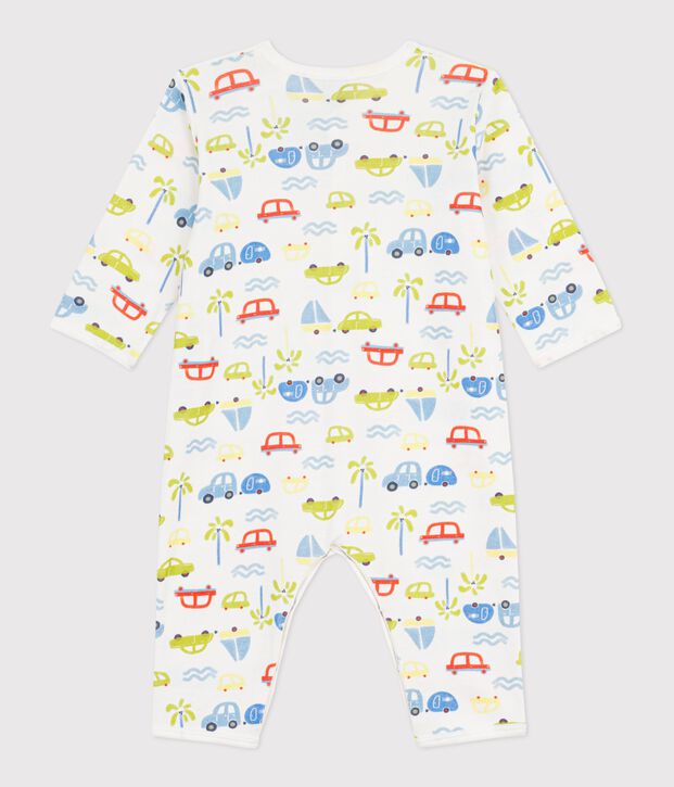 Babies' footless cotton pyjama suit with a motor car print white/multicolor
