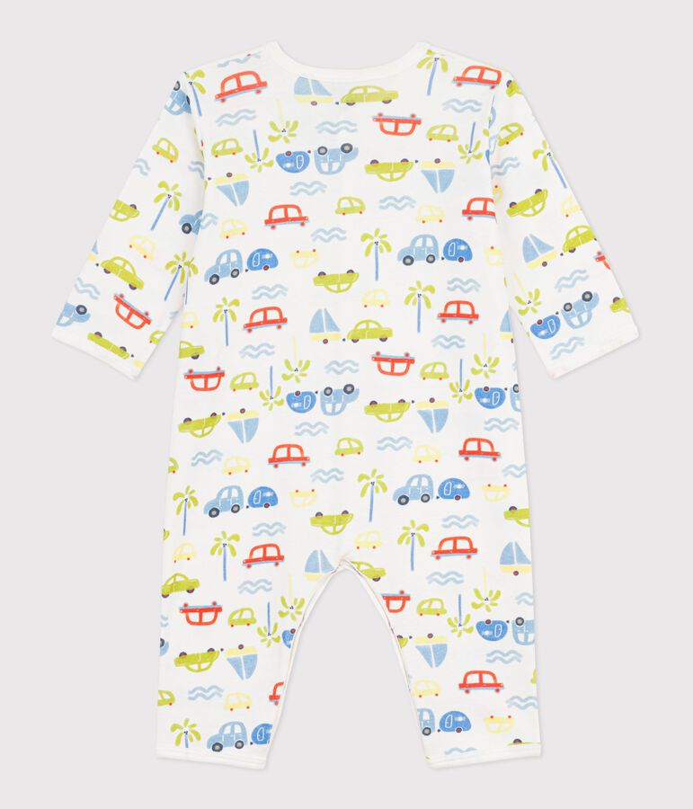 Babies' footless cotton pyjama suit with a motor car print MARSHMALLOW white/MULTICO white