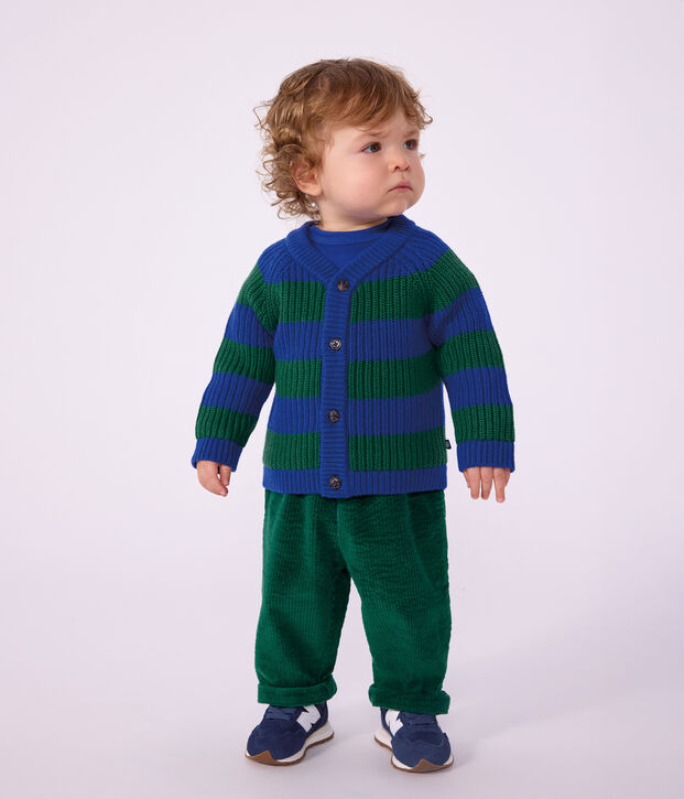 Babies' stripy wool and cotton knit cardigan multicolor/green