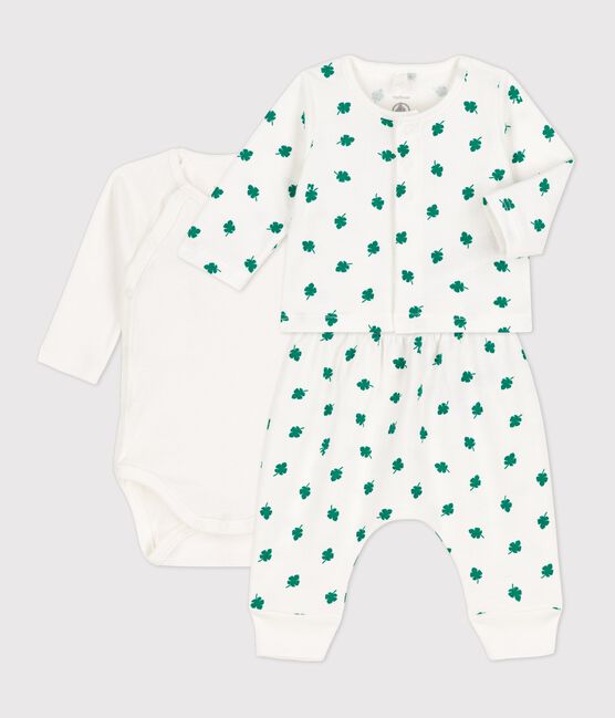Babies' Organic Fleece Botanic Print 3-Piece Set MARSHMALLOW white/GAZON green