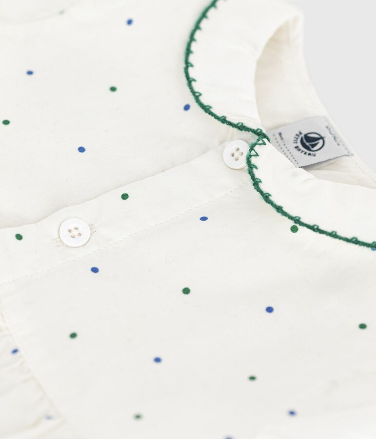 Babies' short-sleeved spotty print cotton rompers with a collar white/multicolor