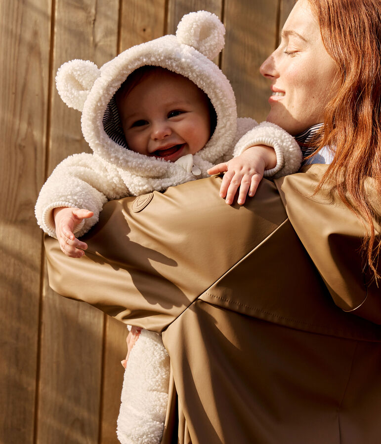 Babies' sherpa snowsuit with ears and a pinstriped lining Ecru