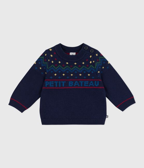 Babies' patterned wool and cotton jumper SOIR blue/MULTICO