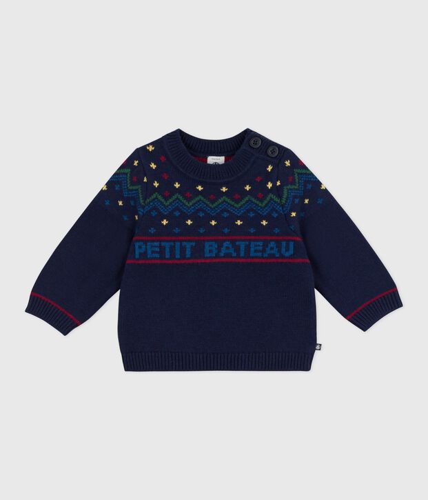 Babies' patterned wool and cotton jumper blue/multicolor