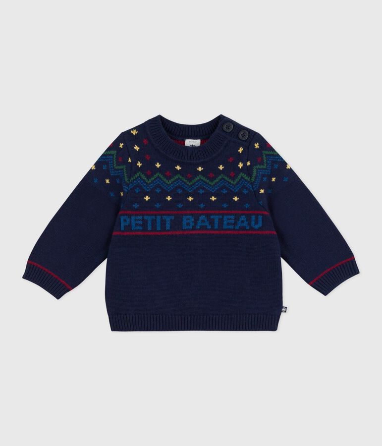 Babies' patterned wool and cotton jumper blue/multicolor