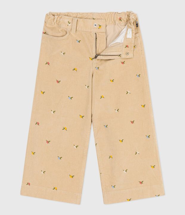 Girls' patterned corduroy trousers beige/multicolor
