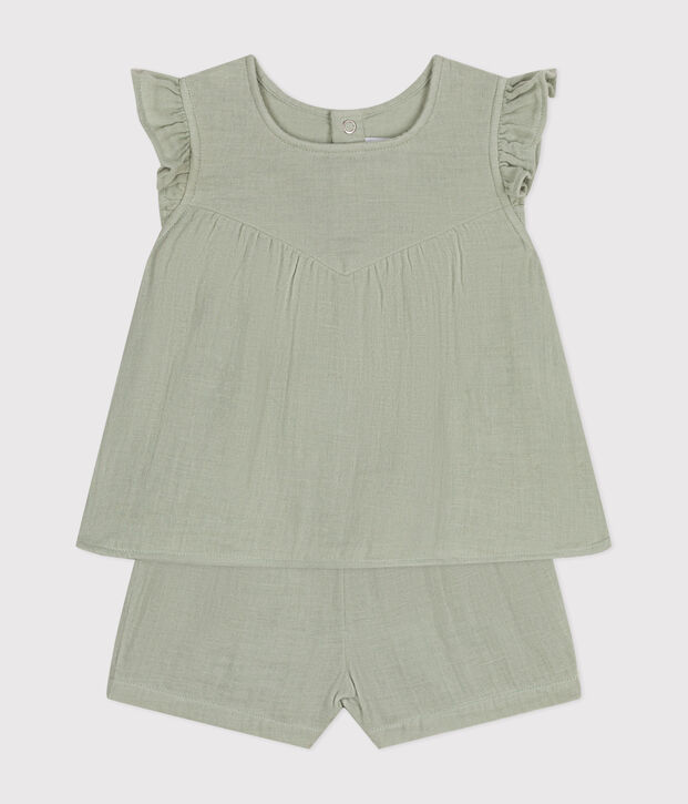 Babies' Cotton Gauze Blouse and Shorts Set green