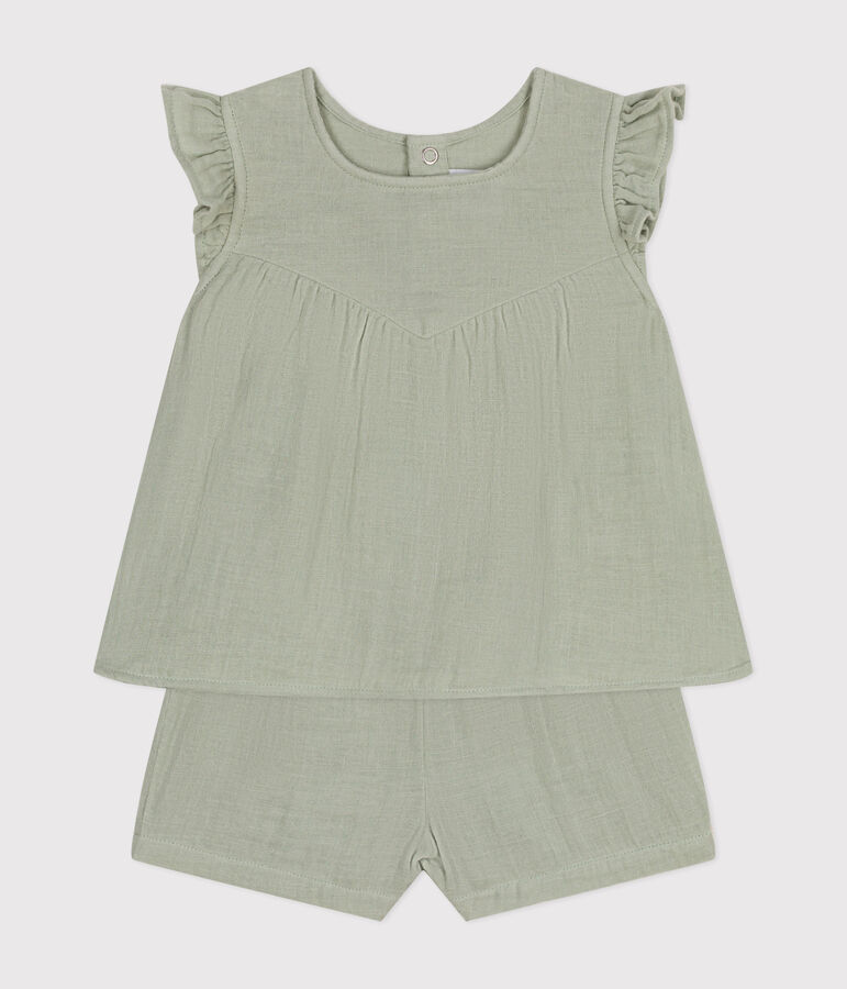 Babies' Cotton Gauze Blouse and Shorts Set green