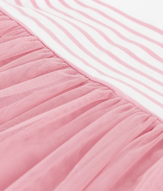 Babies' short-sleeved cotton and tulle dress with a stripy top MARSHMALLOW white/CHARME pink