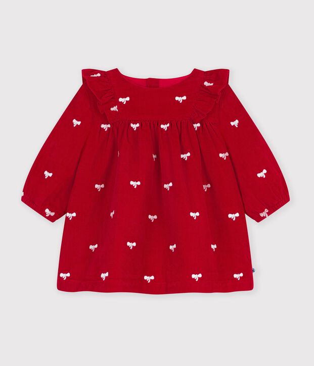 Babies' dress in velour with long sleeves and bow motif embroidery red/ecru