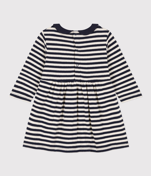 Babies' Long-Sleeved Stripy Tube-Knit Dress blue/ecru