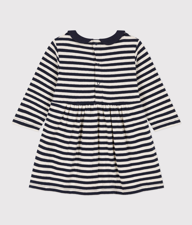 Babies' Long-Sleeved Stripy Tube-Knit Dress blue/ecru