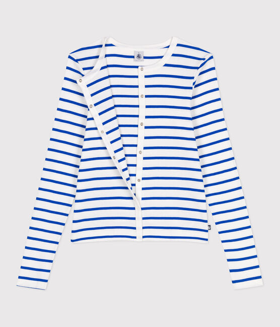 Women's plain cotton cardigan MARSHMALLOW white/PERSE blue