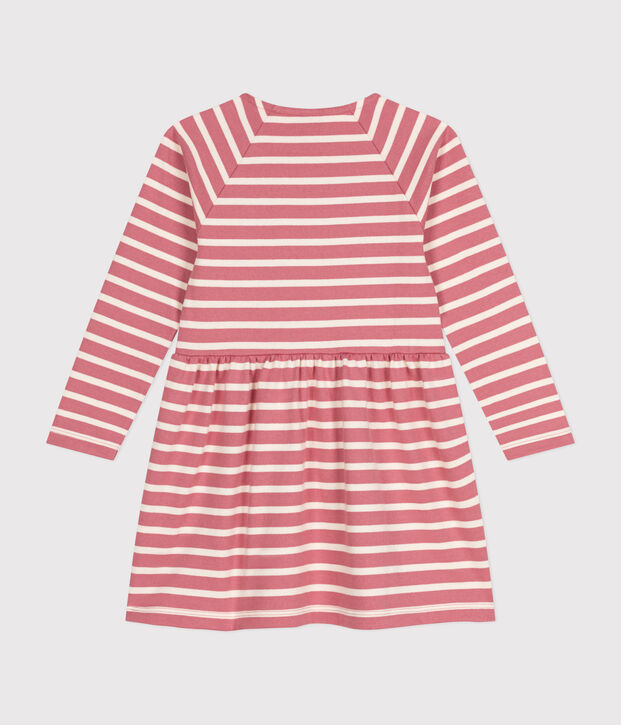 Girls' long-sleeved thick cotton dress pink/ecru