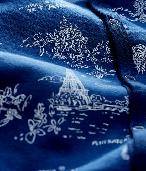 Babies' Toile de Jouy Paris Tube Knit Sleepsuit MEDIEVAL blue/MARSHMALLOW white