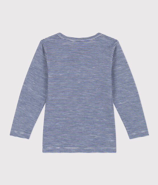 Children's' long-sleeved stripy T-shirt in wool and cotton MEDIEVAL blue/MARSHMALLOW white