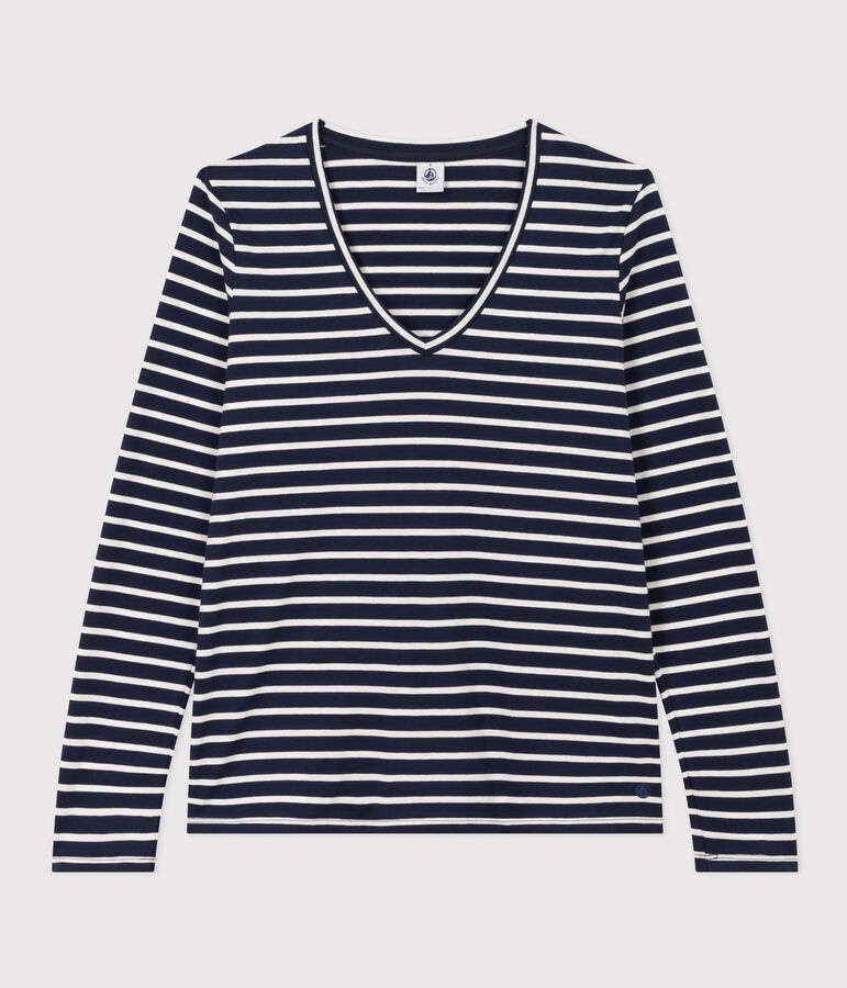 Women's The Straight long-sleeved V-neck T-shirt in fine jersey blue/white