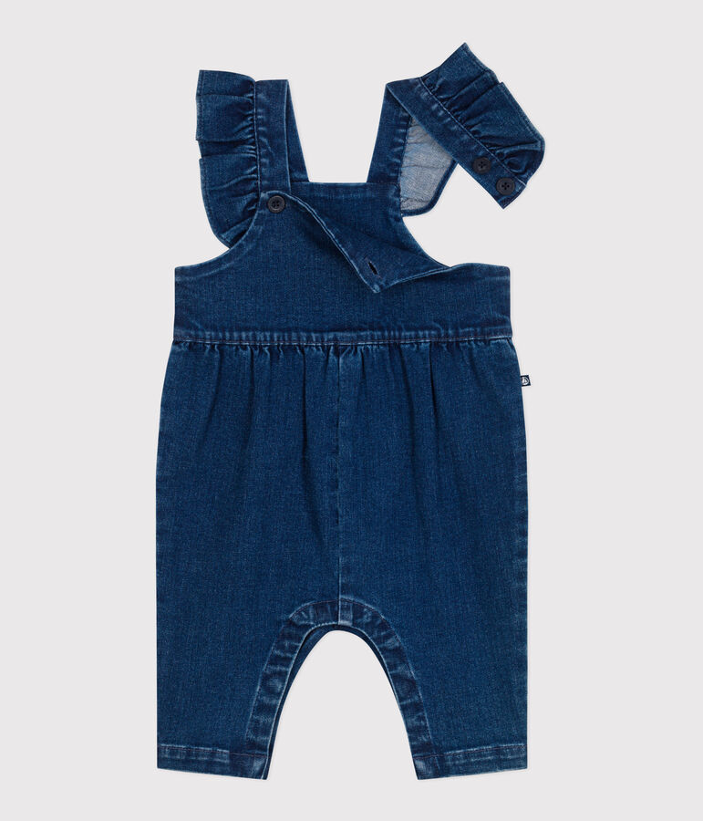 Babies' dungarees with ruffles and long legs, made in denim with elastane blue