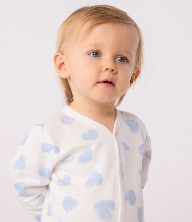 Babies' brushed fleece heart-print pyjamas with a collar white/blue