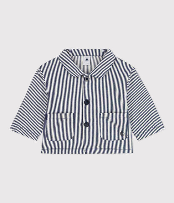 Babies' Stripy Cropped Jacket MEDIEVAL blue/MARSHMALLOW white