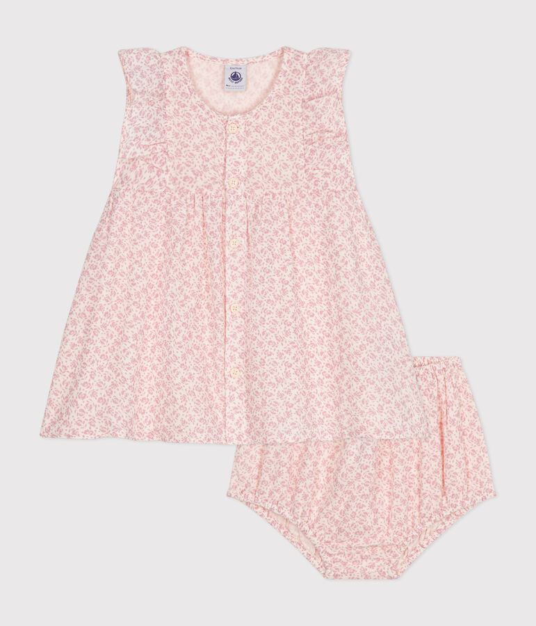 Babies' Cotton Gauze Short-Sleeved Dress and Bloomers Ecru/pink