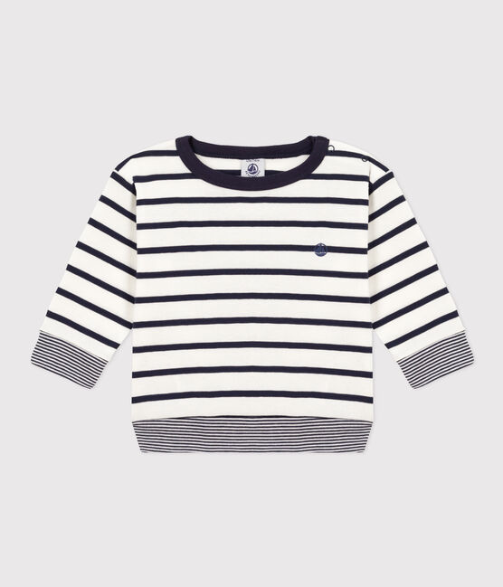 Babies' Long-Sleeved Stripy Cotton T-Shirt MARSHMALLOW white/SMOKING blue
