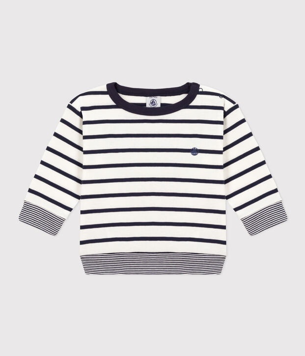 Babies' Long-Sleeved Stripy Cotton T-Shirt white/blue