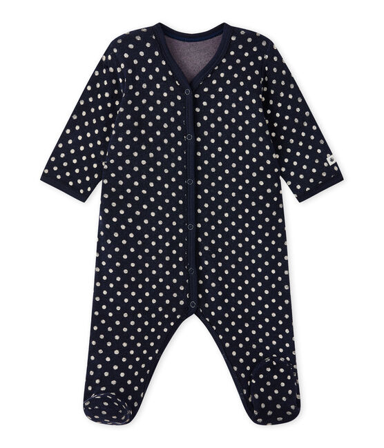 Baby girl's sleepsuit in terrycloth bouclette with polka dots SMOKING blue/ECUME white