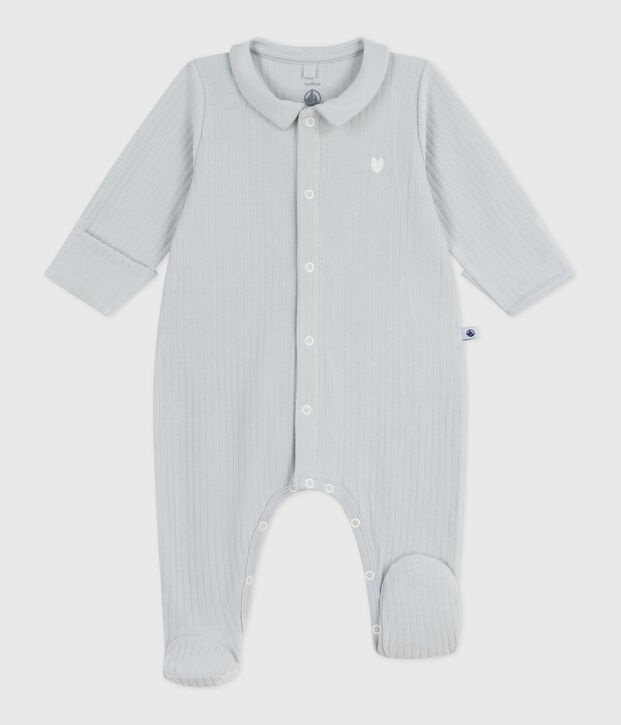 Babies' plain velour pyjama suit with a collar blue