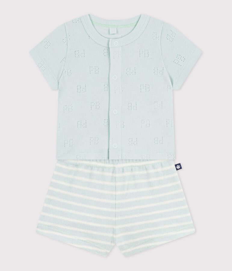 Babies' short cotton two-piece outfit with a stripy bottom half blue/ecru