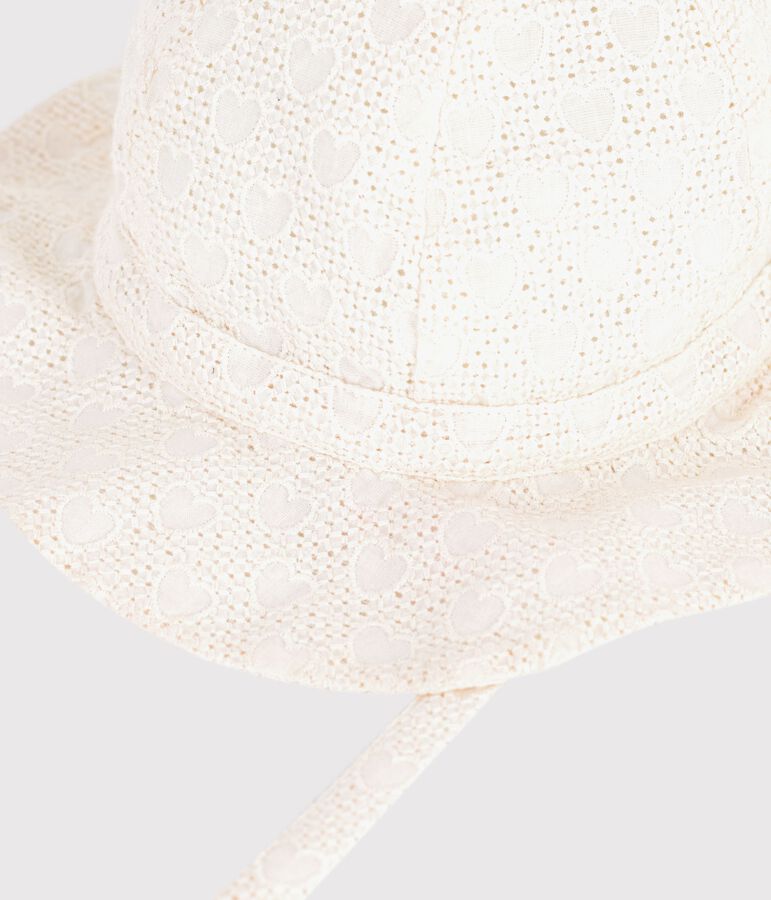 Baby girls' wide brimmed floppy sun hat in poplin and broderie anglaise white