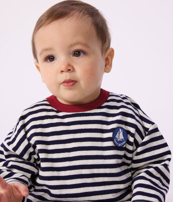 Babies' long-sleeved stripy cotton T-Shirt SOIR blue/MILK