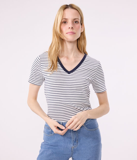 Women's Iconic Striped Cotton V-neck T-Shirt MARSHMALLOW white/SMOKING blue