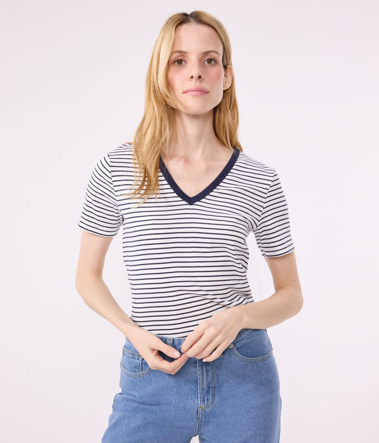 Women's Iconic Striped Cotton V-neck T-Shirt white/blue