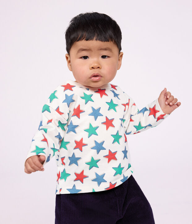 Babies' long-sleeved star-print cotton T-shirt Ecru/multicolor