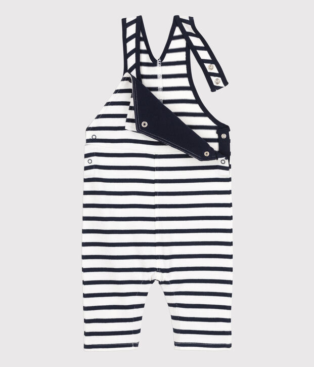 Babies' Stripy Thick Jersey Breton Dungarees white/blue