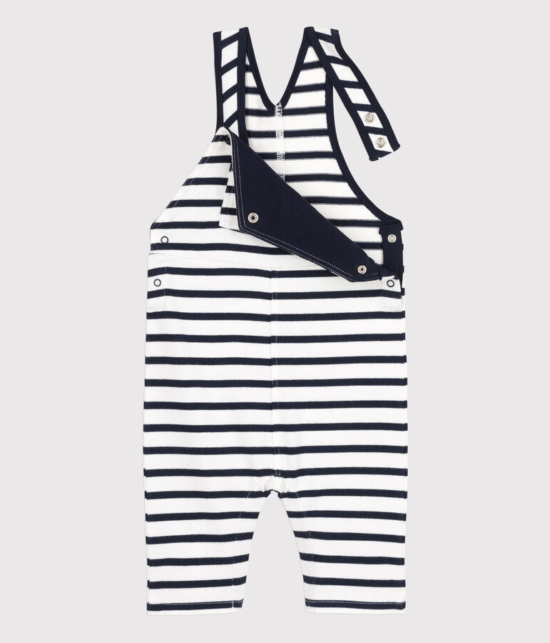 Babies' Stripy Thick Jersey Breton Dungarees MARSHMALLOW white/SMOKING blue
