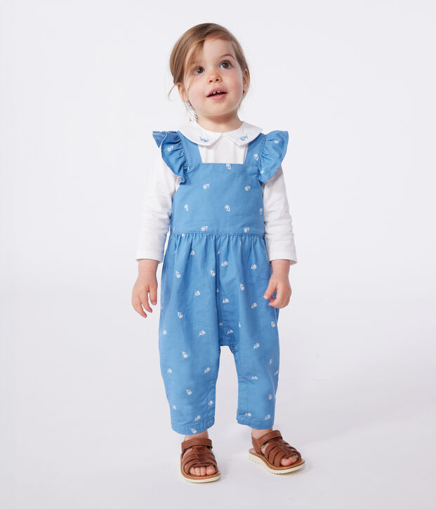 Babies' long cotton dungarees, embroidered with flowers blue/white