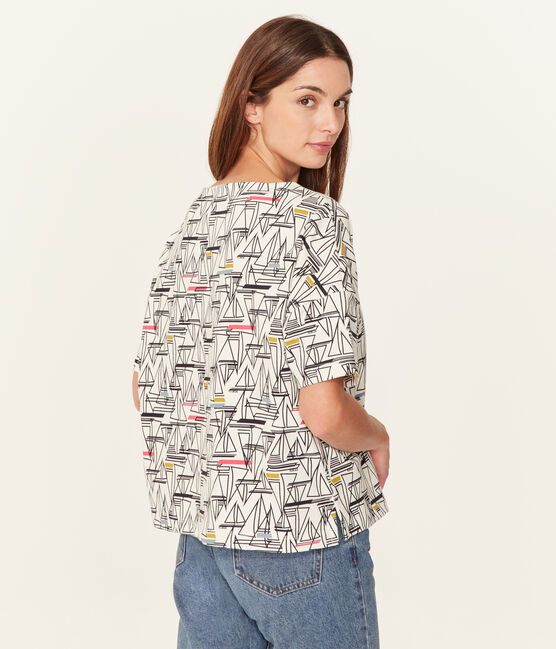 Women's short-sleeved stripy breton top MARSHMALLOW white/MULTICO white