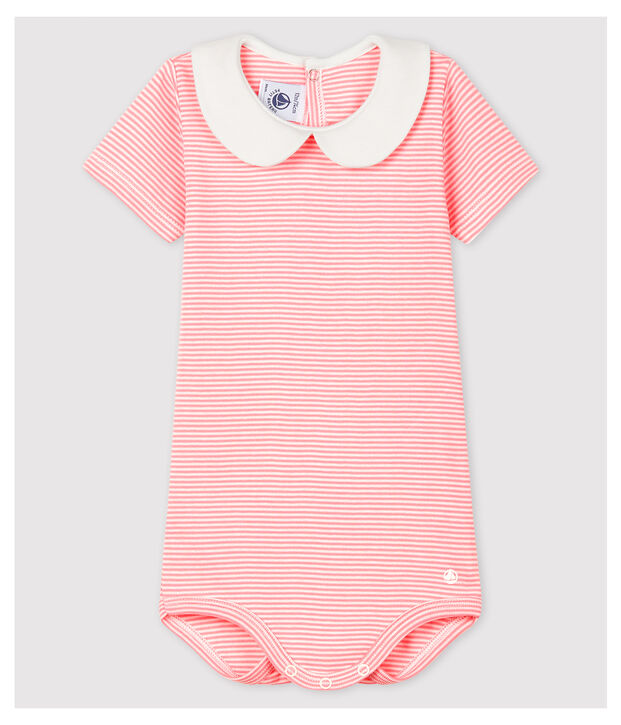 Baby Girls' Cotton Bodysuit with Peter Pan Collar pink/white
