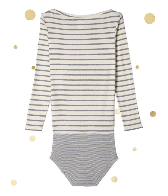 Women's long sleeved body. Petit bateau x Marie-Agnès Gillot COQUILLE beige/SUBWAY grey