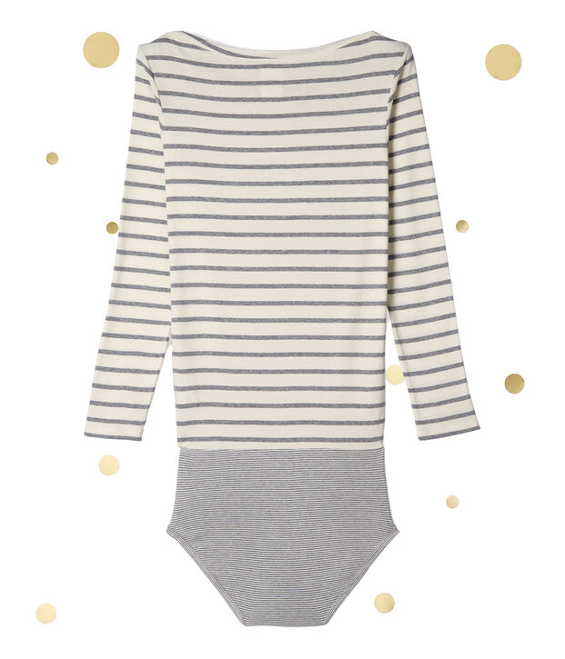 Women's long sleeved body. Petit bateau x Marie-Agn&egrave;s Gillot white/grey