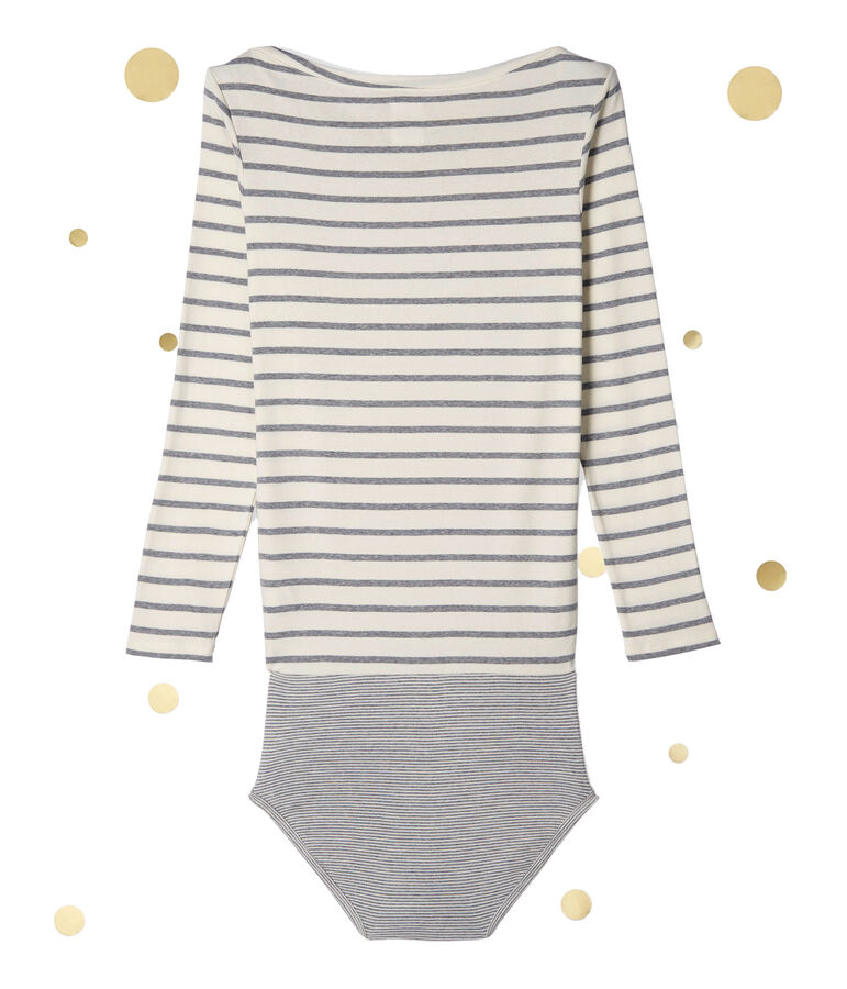 Women's long sleeved body. Petit bateau x Marie-Agn&egrave;s Gillot white/grey
